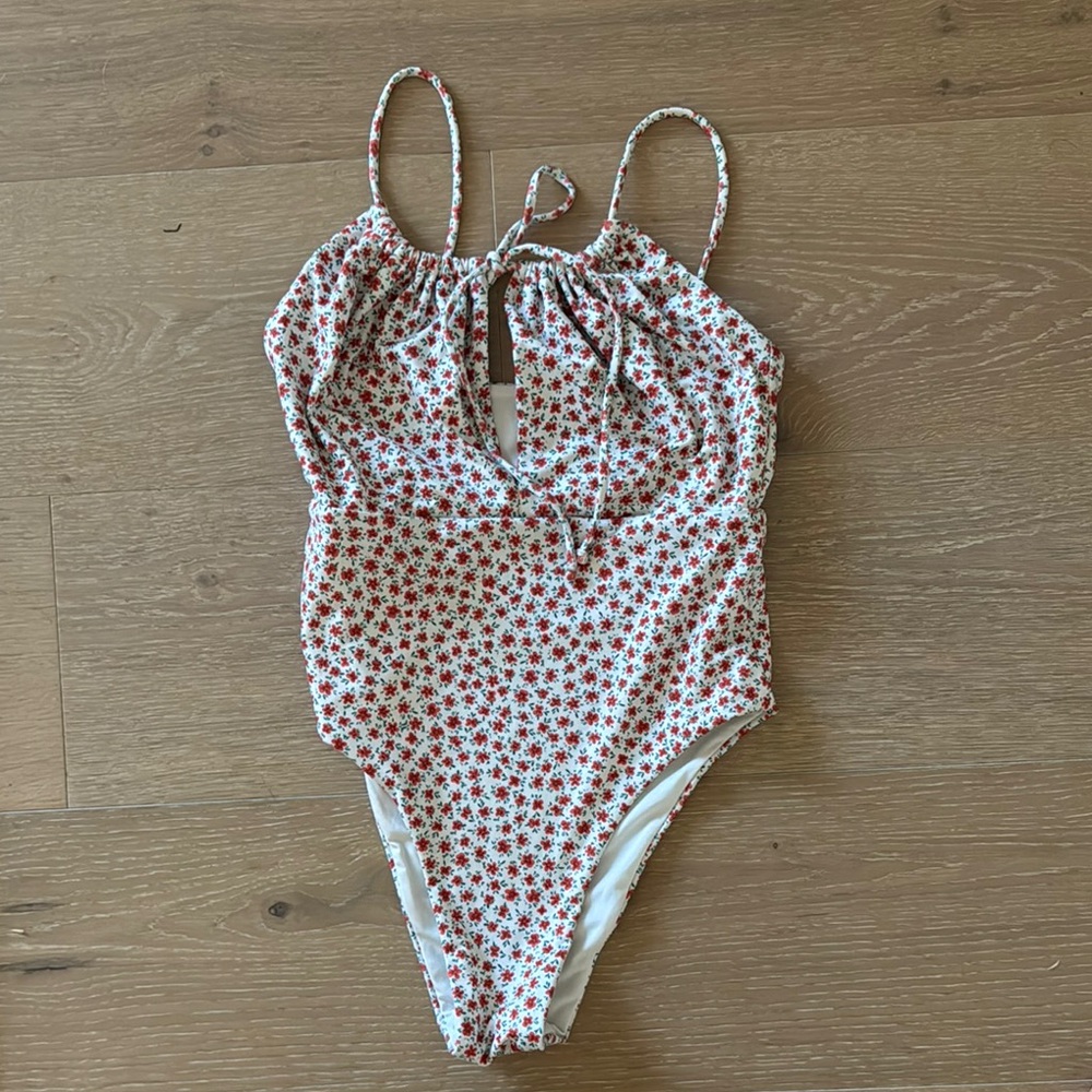 Pull & bear red floral drawstring floral one piece swim Small